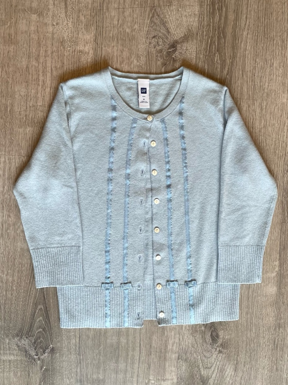 Vintage Gap Light Blue Wool Blend Satin Ribbon Bow Button Cardigan Sweater- Sz M